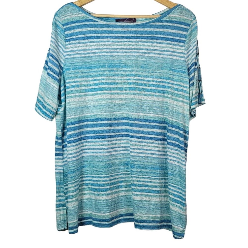 Gloria Vanderbilt Stripe Top Blue Green XXL Pullover Lace Up Sleeve Short Sleeve